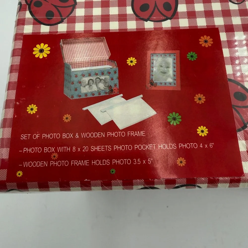 Vintage Ladybug Photo Box and Wooden Frame Set Red Gingham Denim Print New